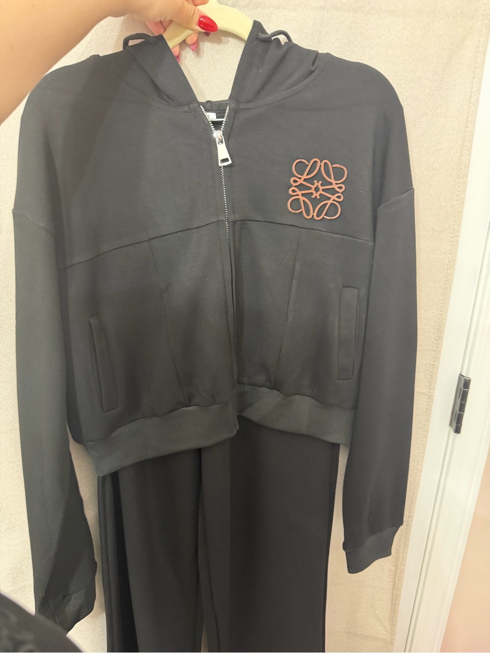 Loewe Black Hooded Zip Jacket with Tan Logo Patch